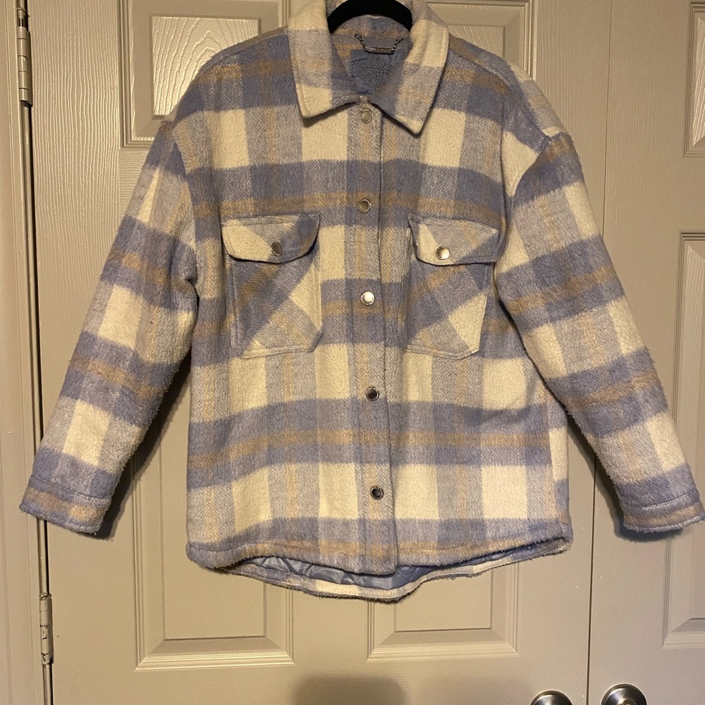 Plaid Button-Front Coat in Cream and Light Blue